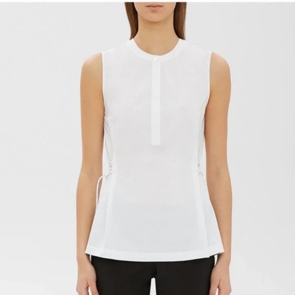 Theory White Sleeveless Pleat-Front Blouse